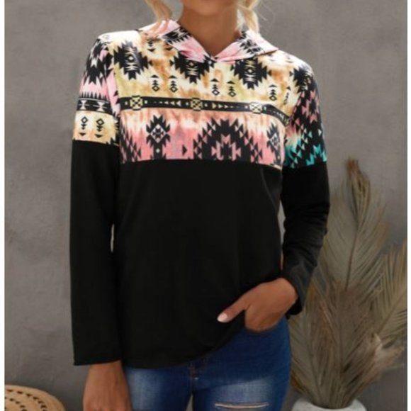 Black Aztec Print Color Block Hoodie - Picture 1 of 3